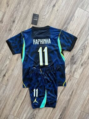 Brazil away Kids Raphinha #11 Blue Soccer Jersey and Shorts Set